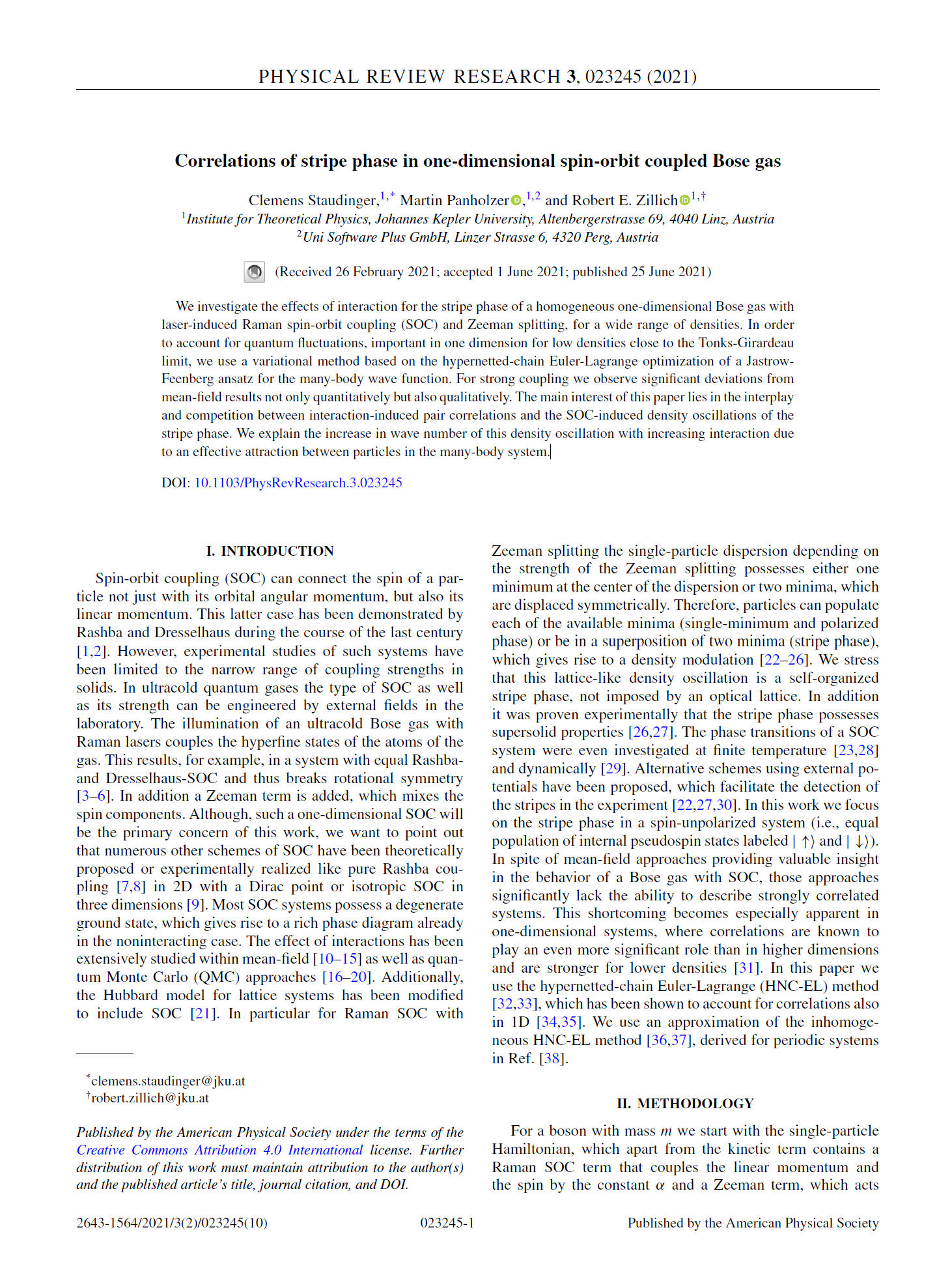 Paper about: Correlations of stripe phase in one-dimensional spin-orbit coupled Bose gas