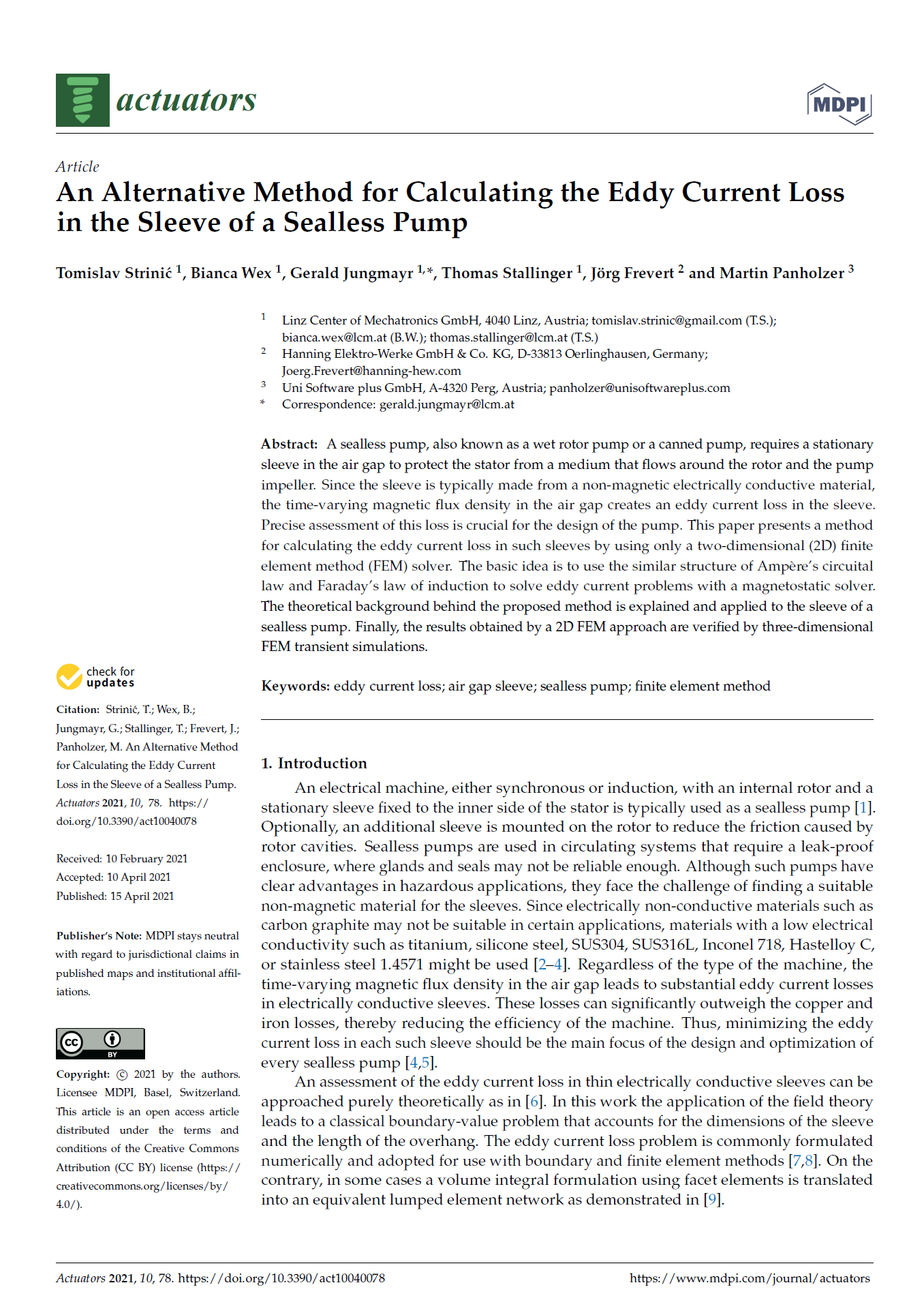 Paper about: An Alternative Method for Calculating the Eddy Current Loss in the Sleeve of a Sealless Pump