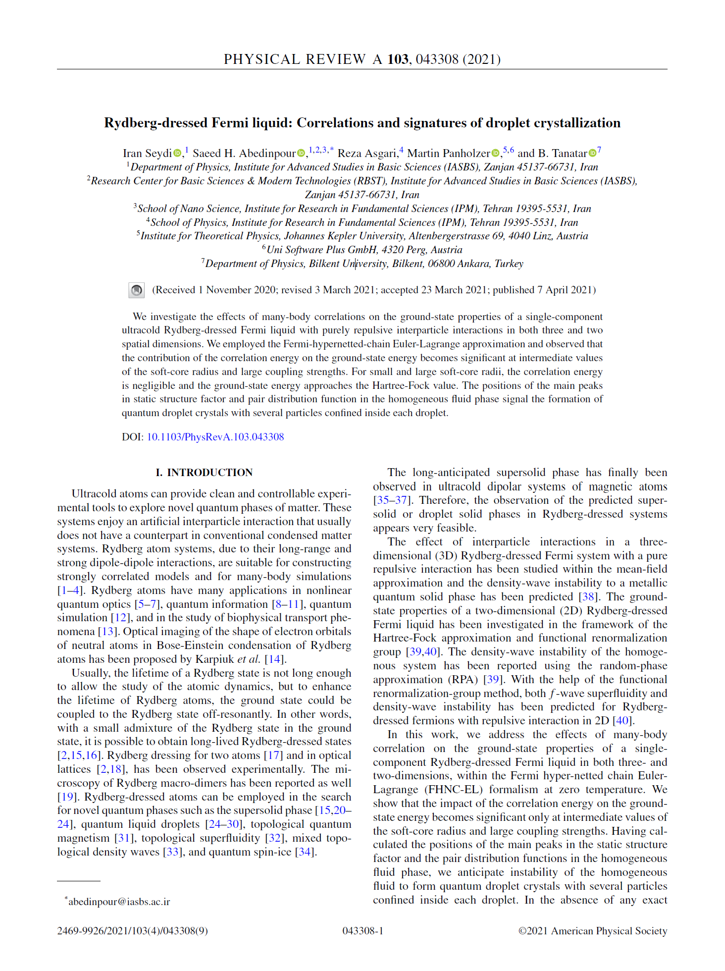 Paper about: Rydberg-dressed-fermi-liquid:-Correlations-and-signatures-of-droplet-crystallization